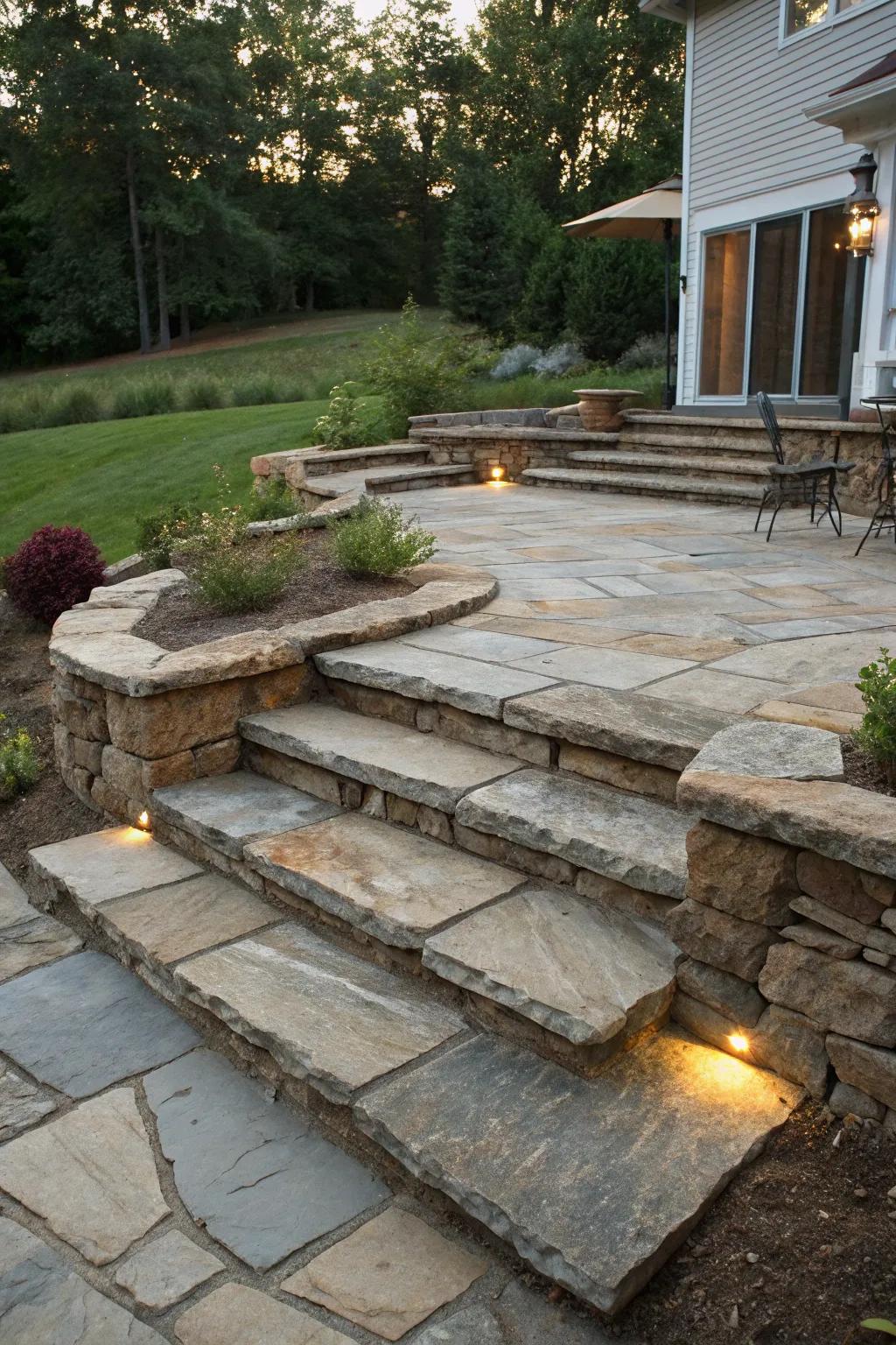 Natural stone steps for elevation and style.