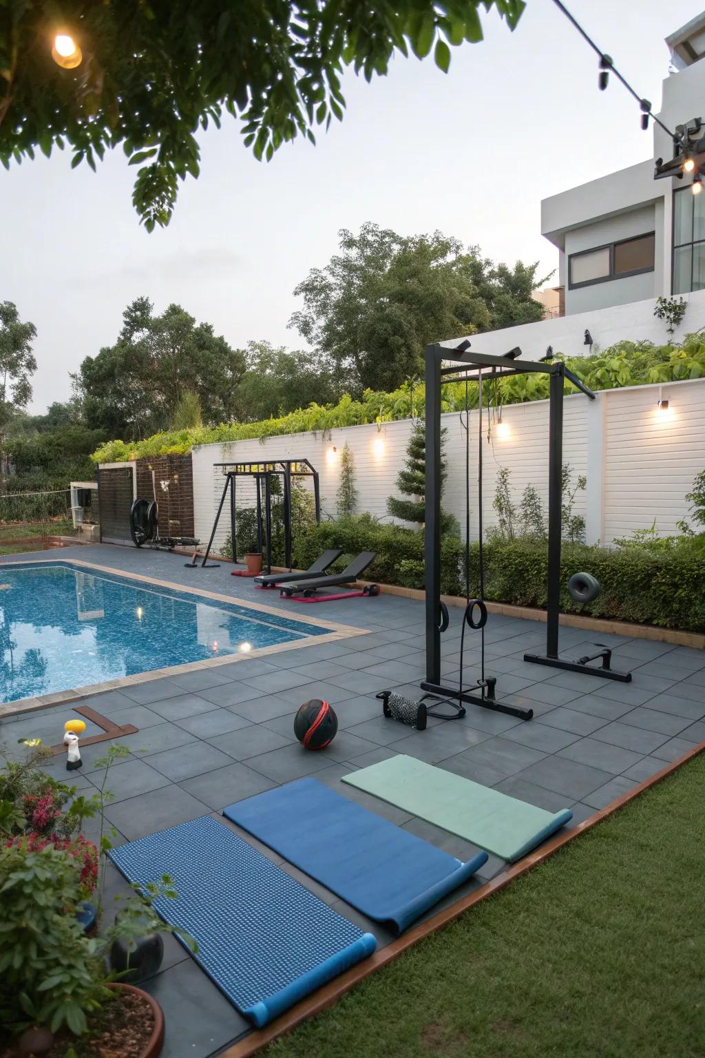 A personal fitness zone replaces an old pool.