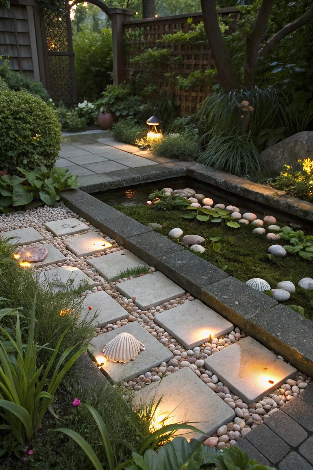 Sea shells add a whimsical, coastal vibe between pavers.