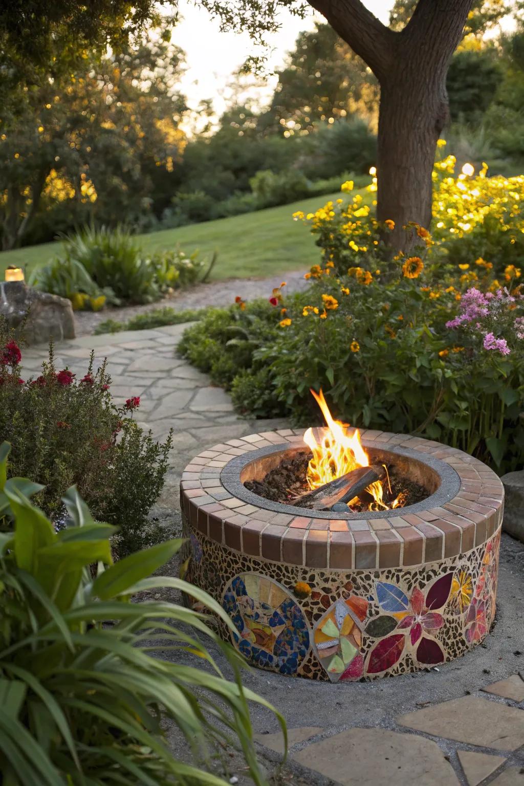 Mosaic tiles bring an artistic touch to your fire pit base.