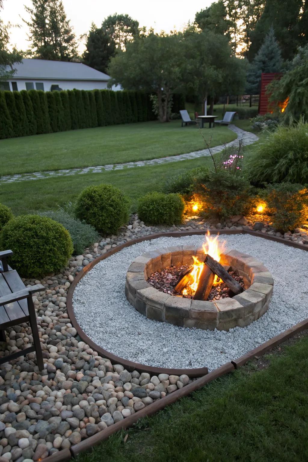 A fire pit with a gravel surround offering a clean, polished look.