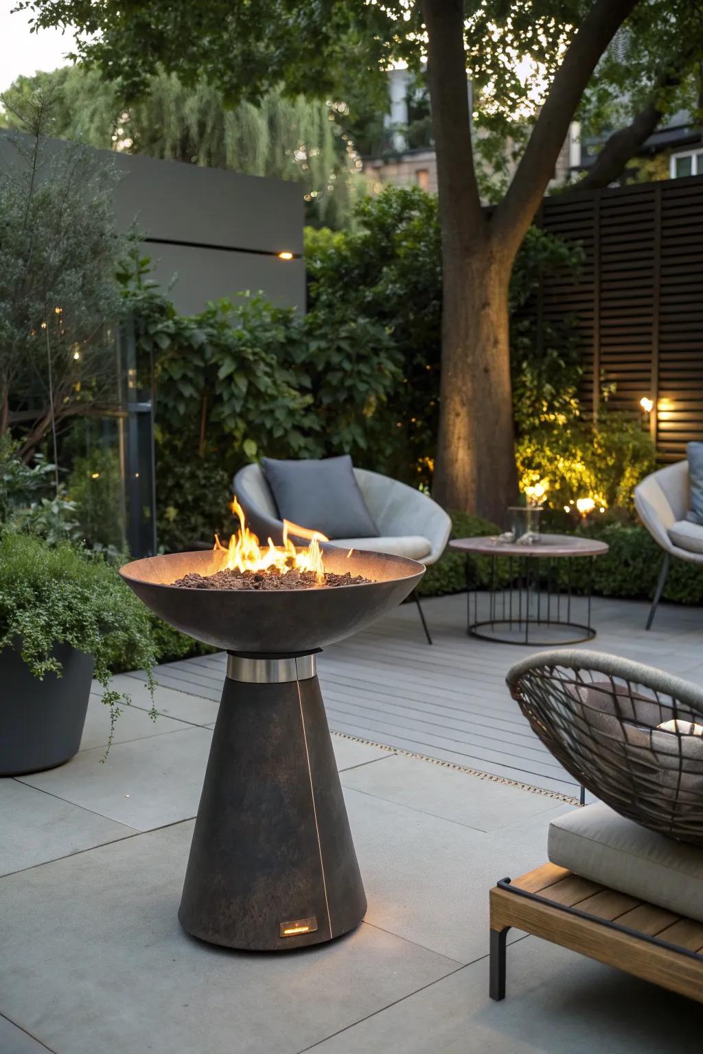 Elevated design gives this fire pit a dramatic presence in the outdoor space.