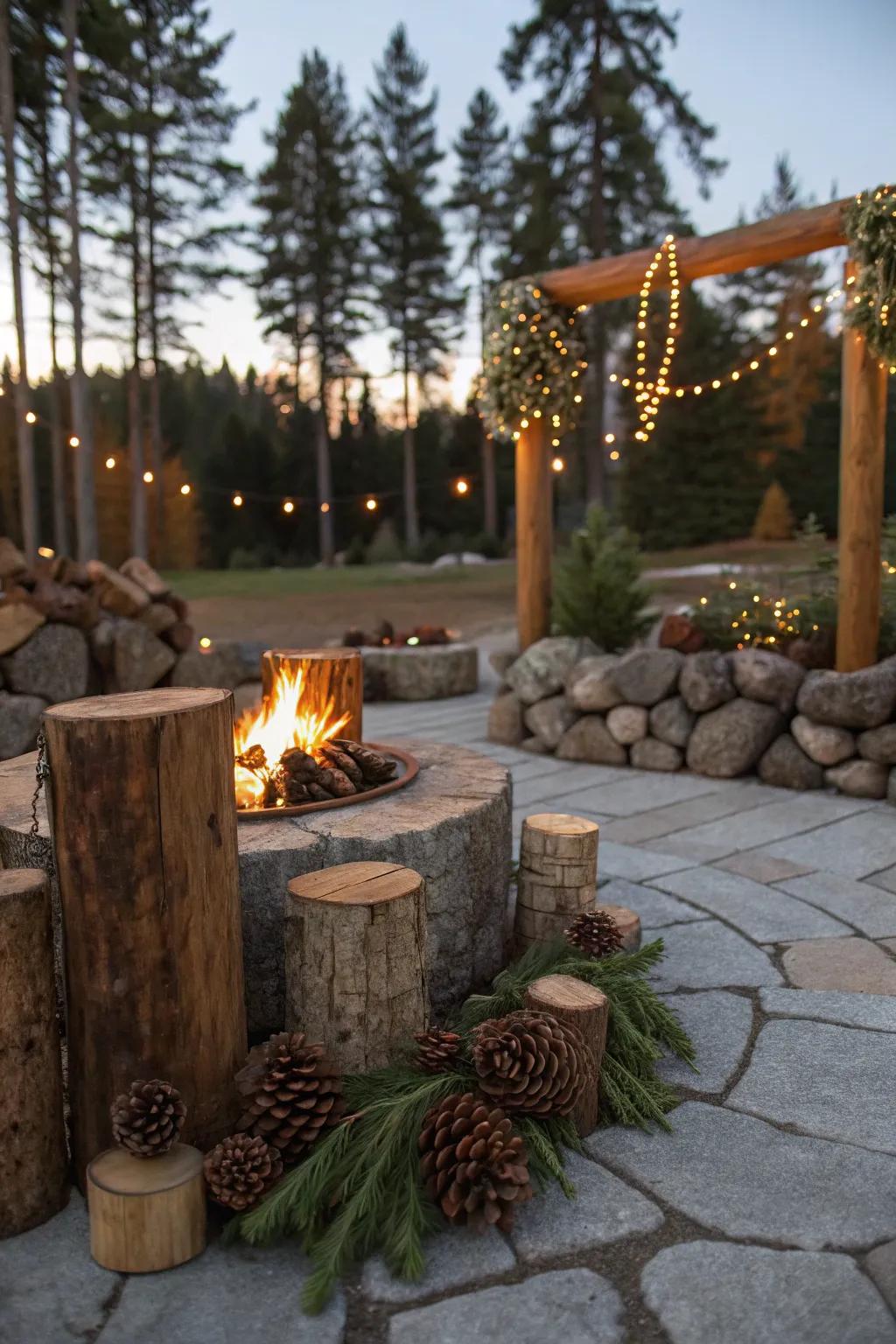 Rustic decor elements adding charm to the fire pit setting.