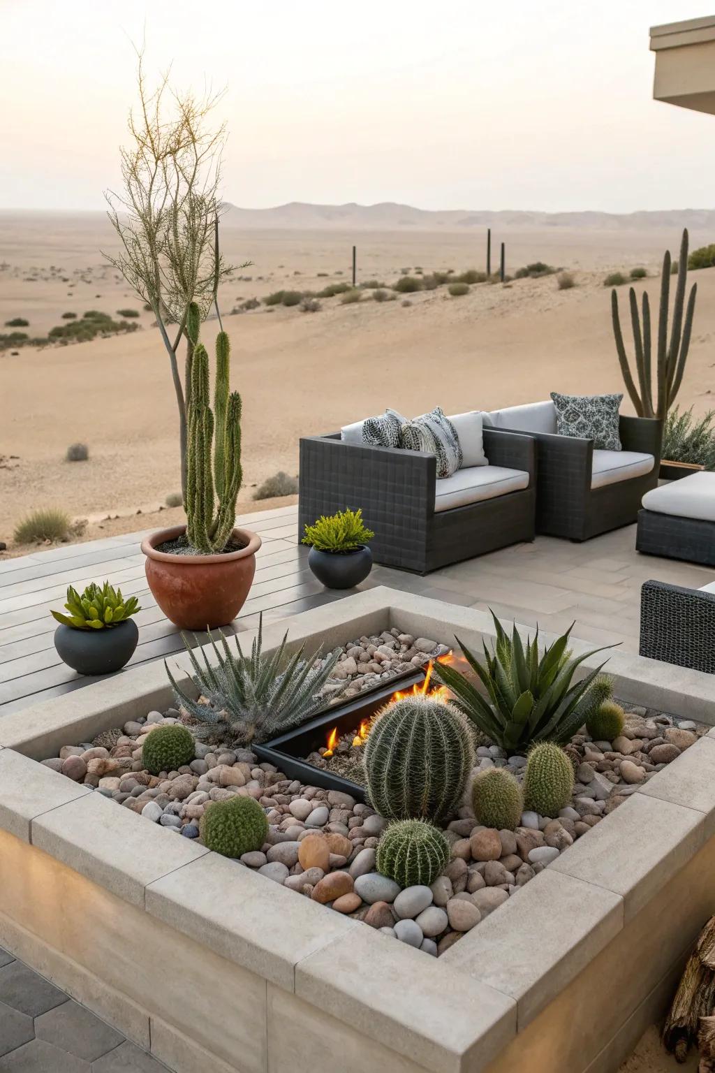 A chic desert-inspired patio with a sleek fire pit and succulents.
