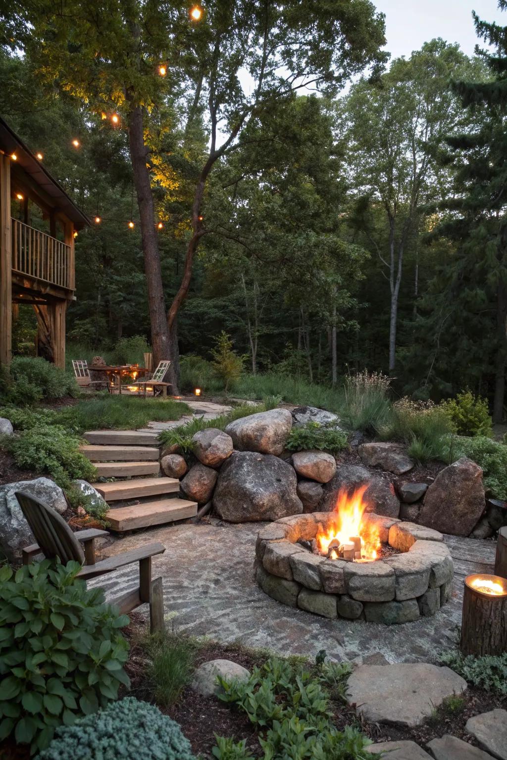 Rustic charm with natural wood and stone surrounding this cozy fire pit.