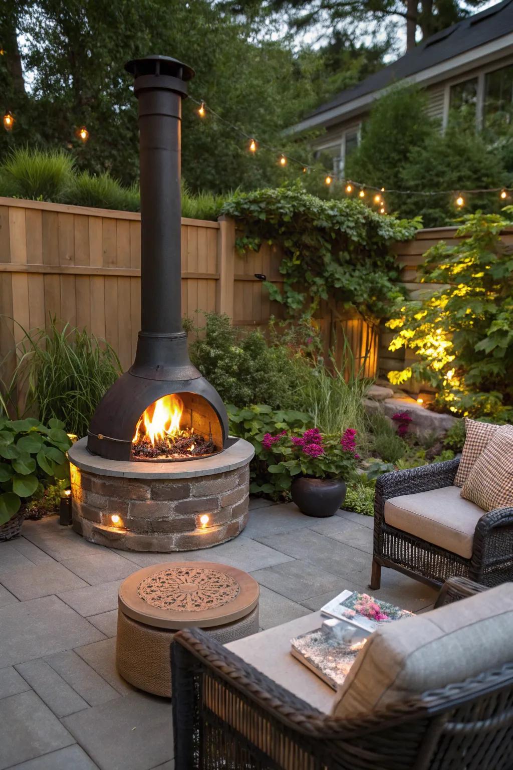 Integrated lighting enhances the ambiance of a fire pit with a chimney.