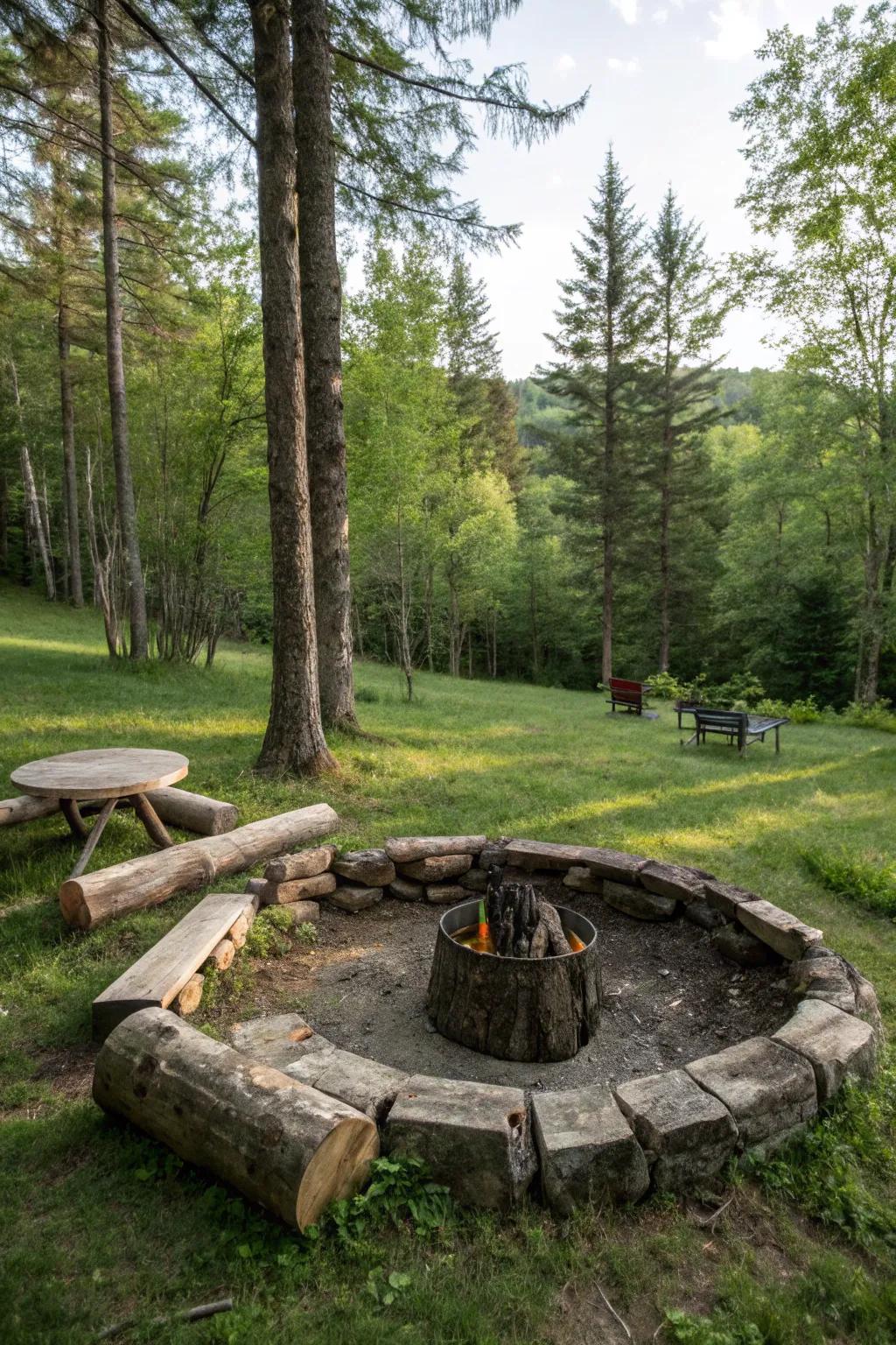 A log fire ring offers rustic charm and natural appeal.