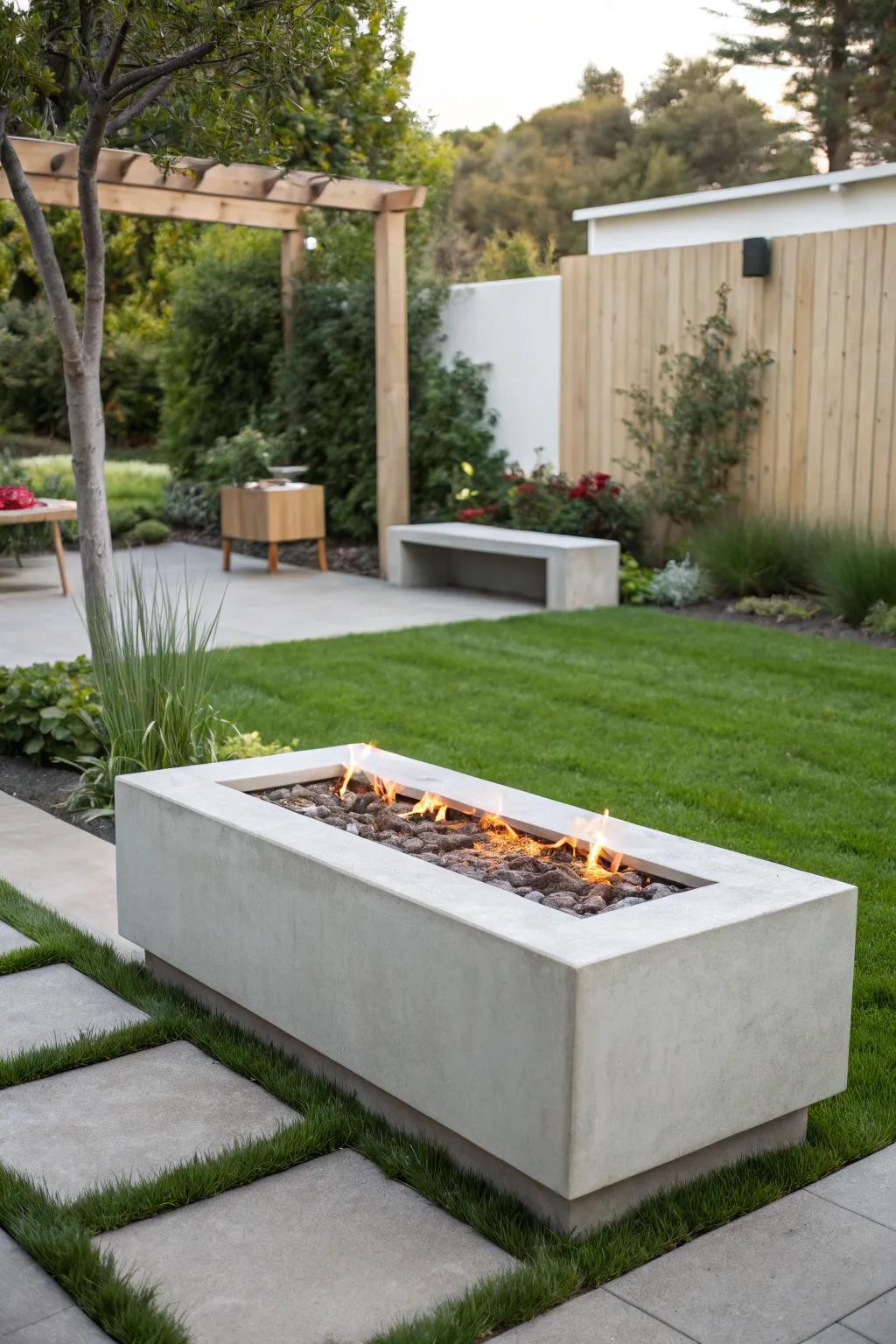 A minimalist fire table blending seamlessly into a modern garden.