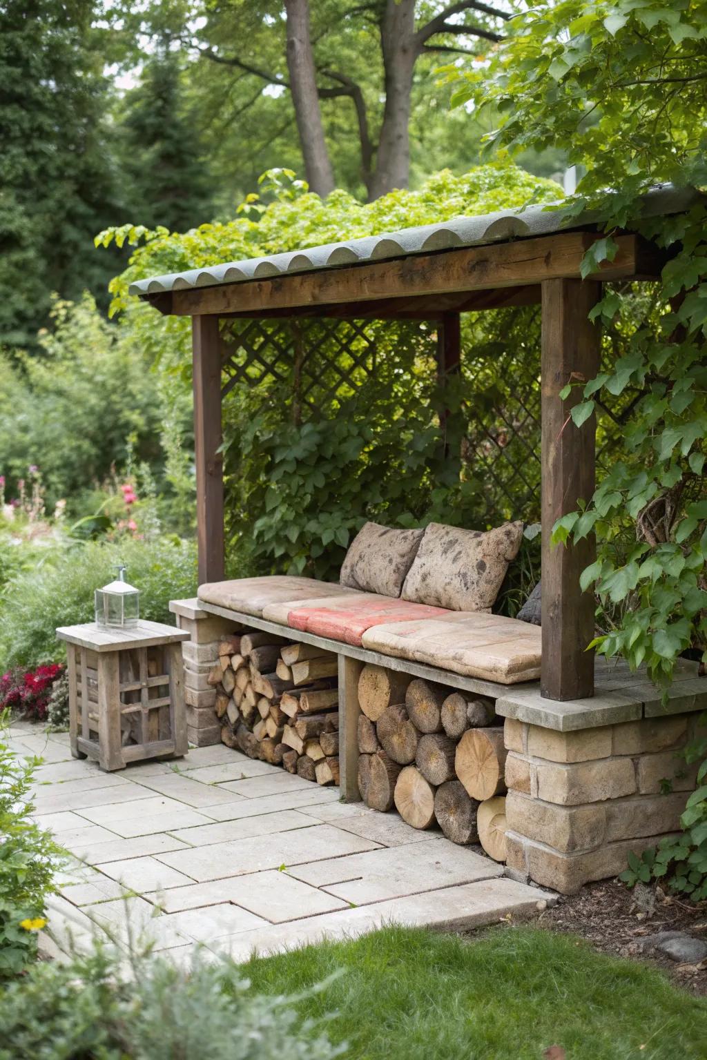 Functional firewood bench offering storage and seating outdoors.