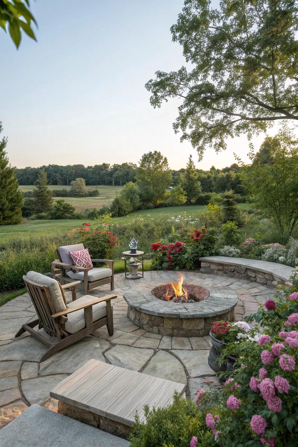 A flagstone fire pit area offers a warm and inviting gathering space.