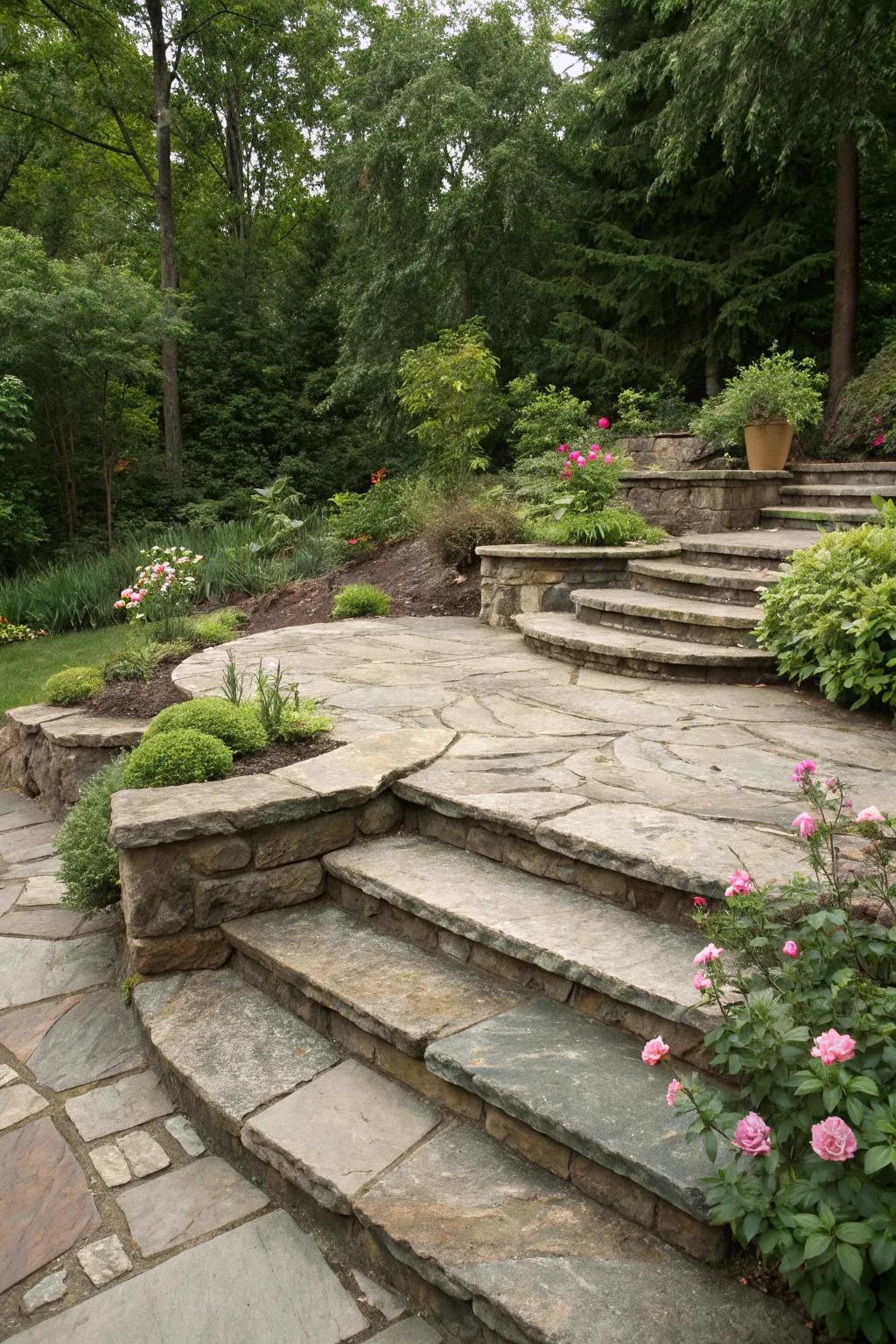 Maximize space with multi-level flagstone patios.