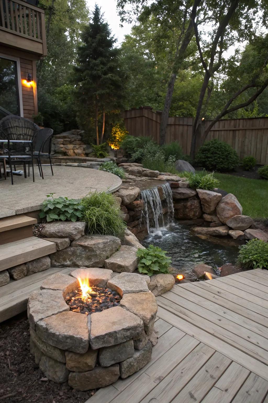 A flagstone waterfall paired with a fire pit for a cozy atmosphere.