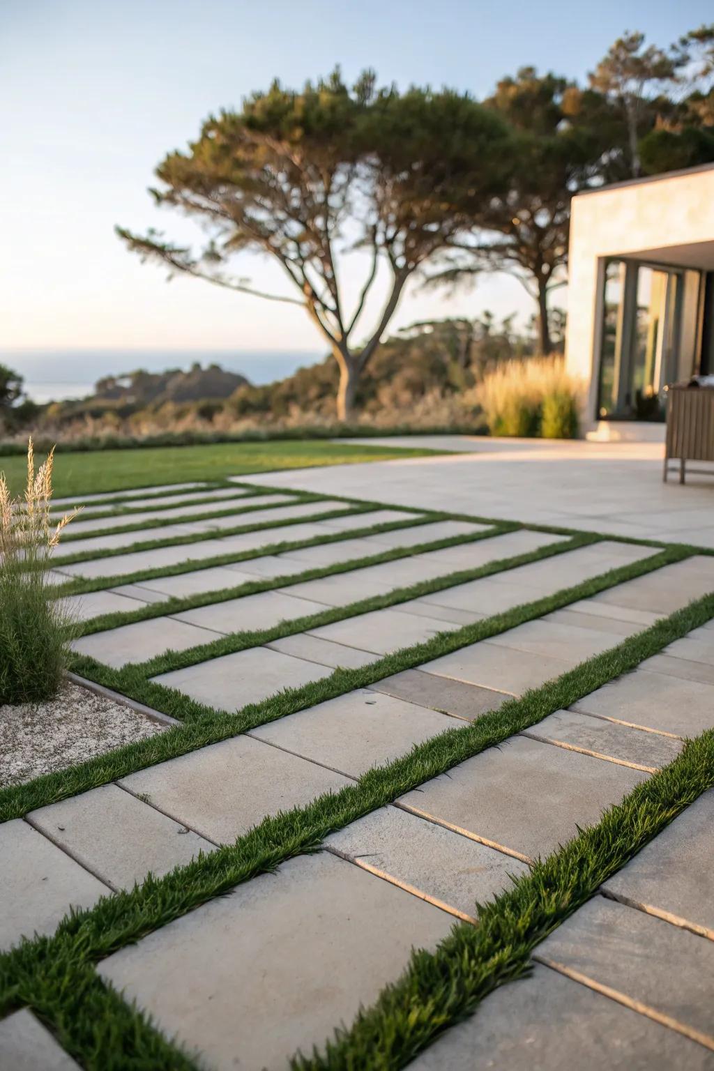 Pavers mixed with grass strips add elegance and contrast.