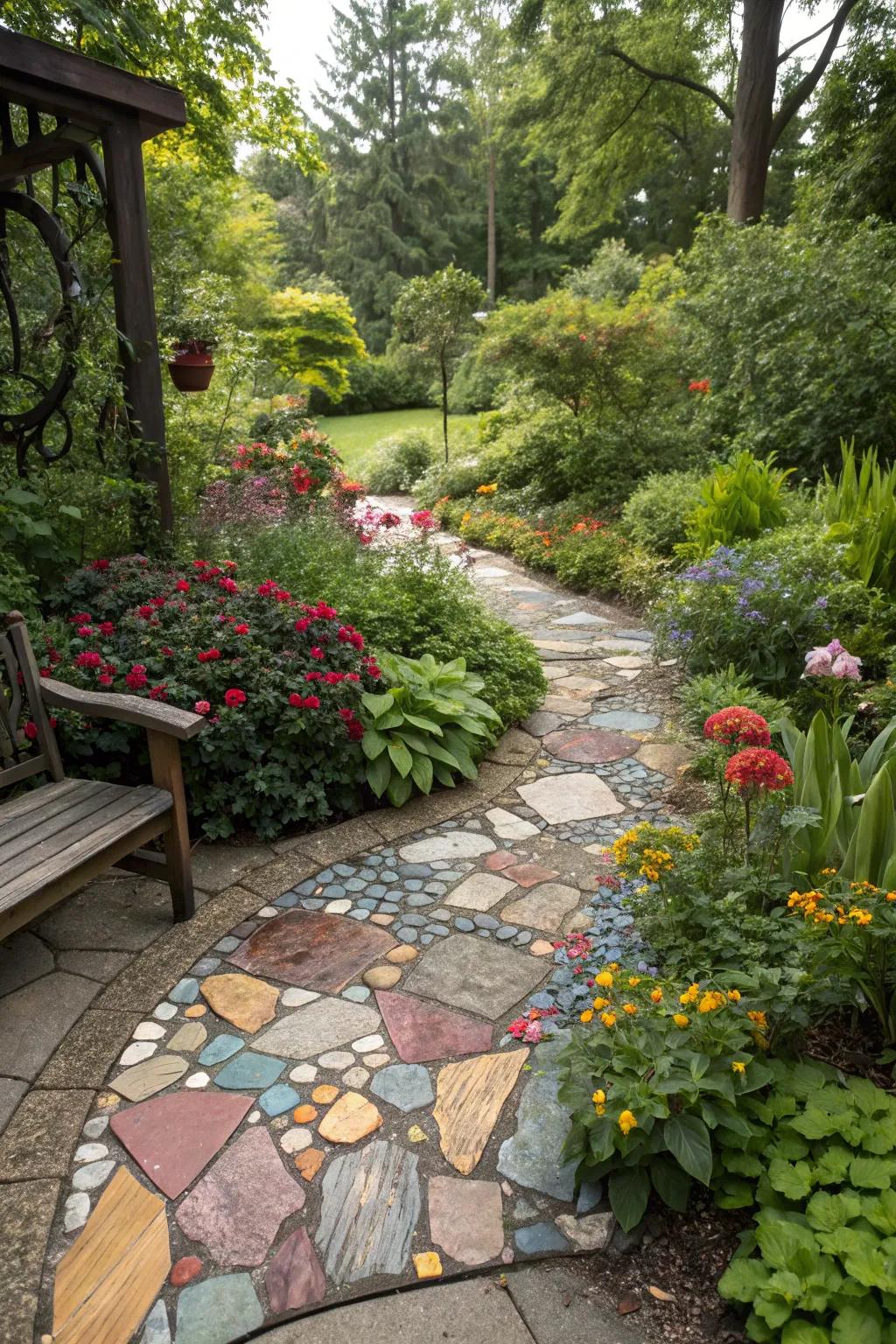 A creative flat rock mosaic adding artistry to a garden.