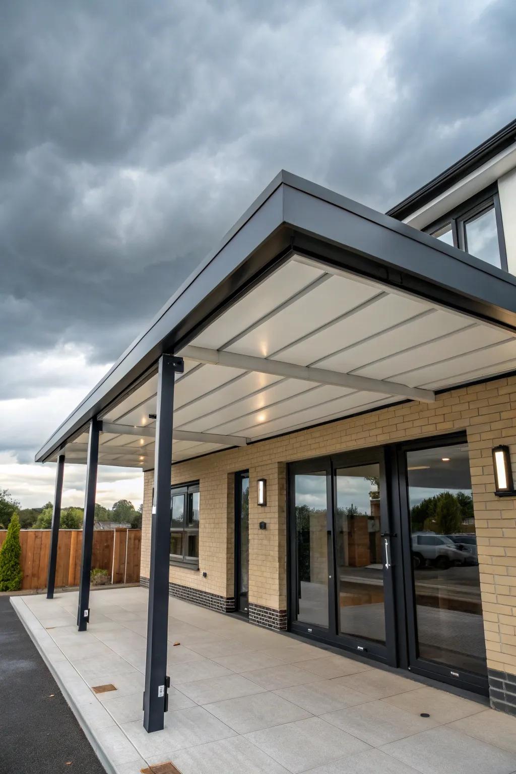 Weatherproofing ensures this flat roof portico remains functional and inviting year-round.