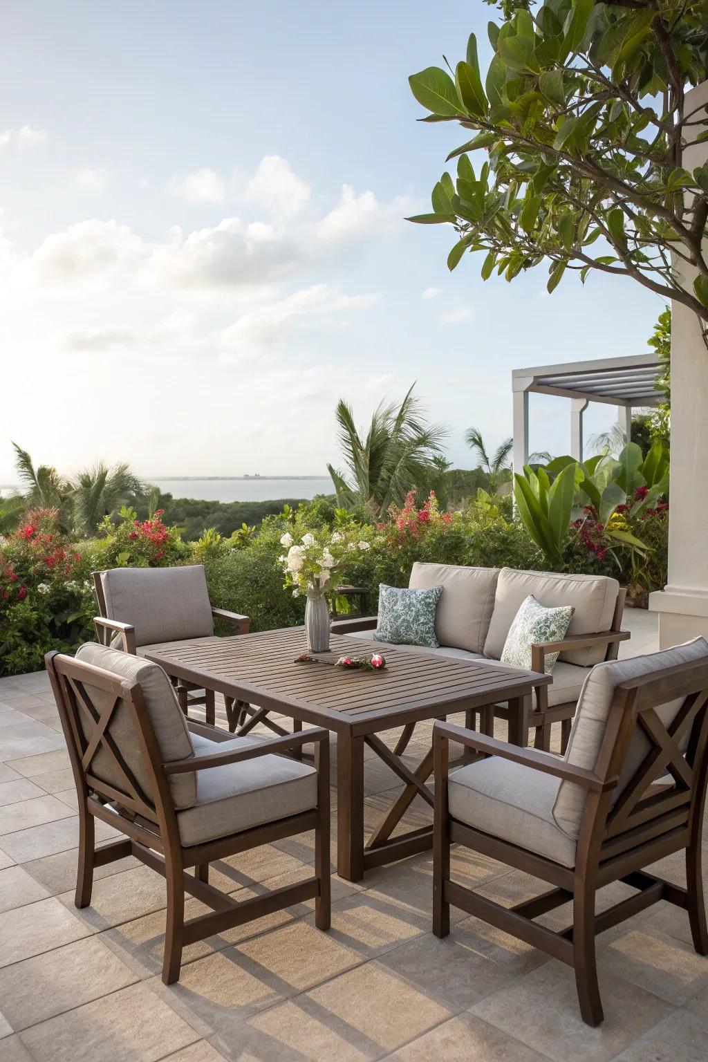 A patio featuring stylish, weather-resistant outdoor furniture.