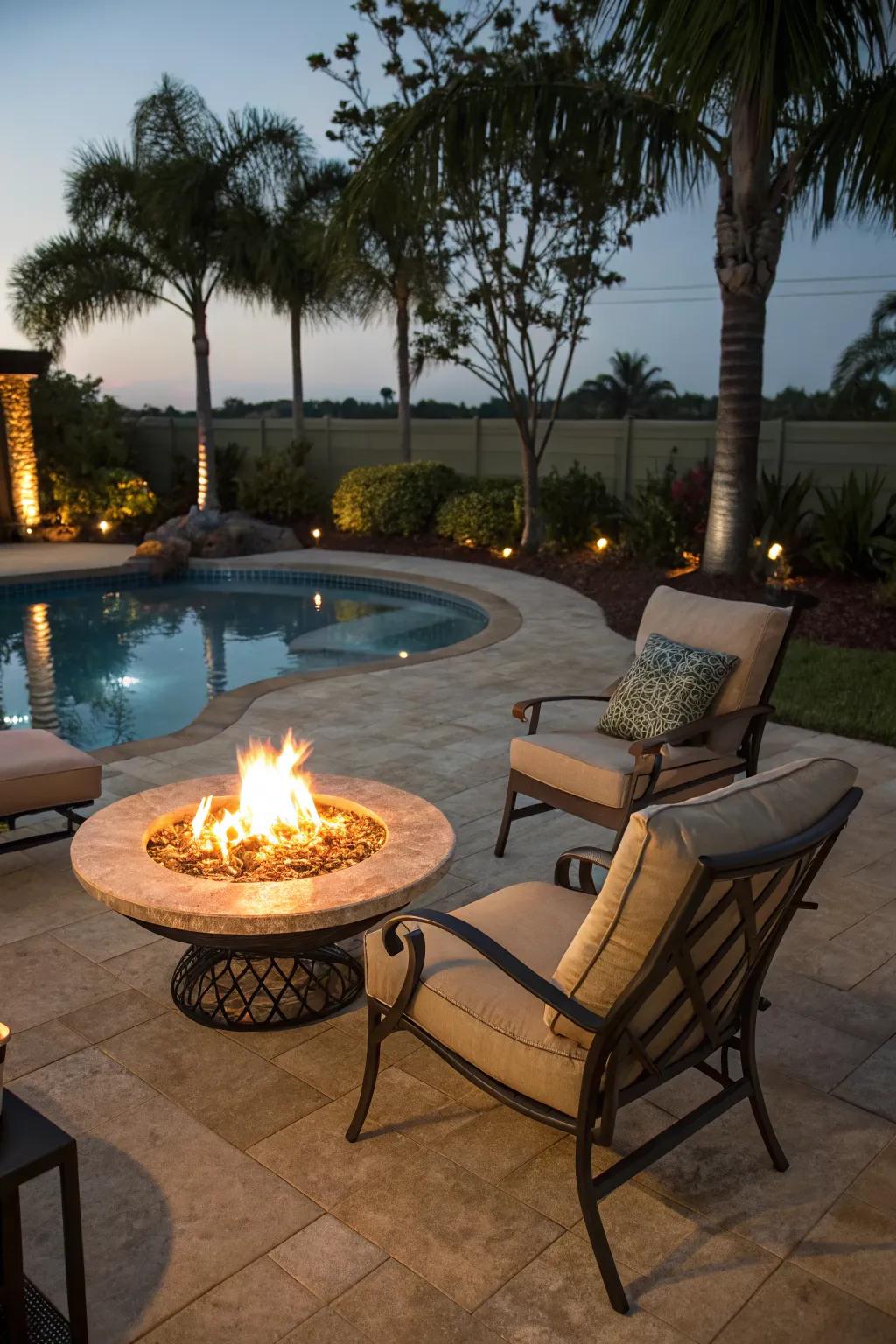 A cozy fire pit area next to the pool for relaxed evenings.