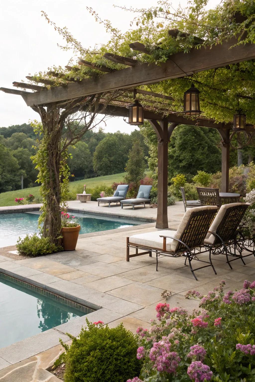 Enjoy comfort and charm with a poolside pergola.