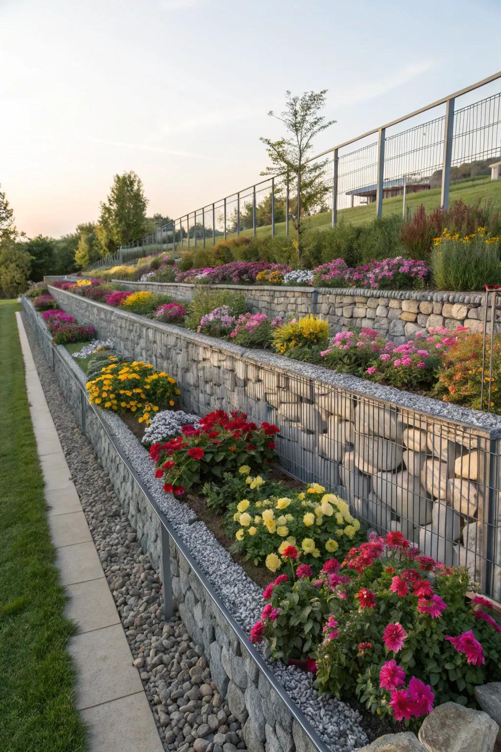 Rugged sophistication with gabion wall edging.