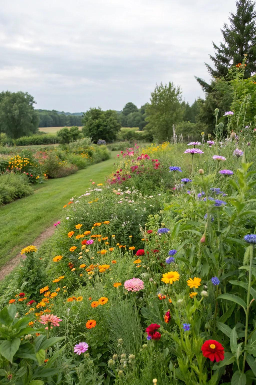 A wildflower meadow adds a whimsical touch to this garden.
