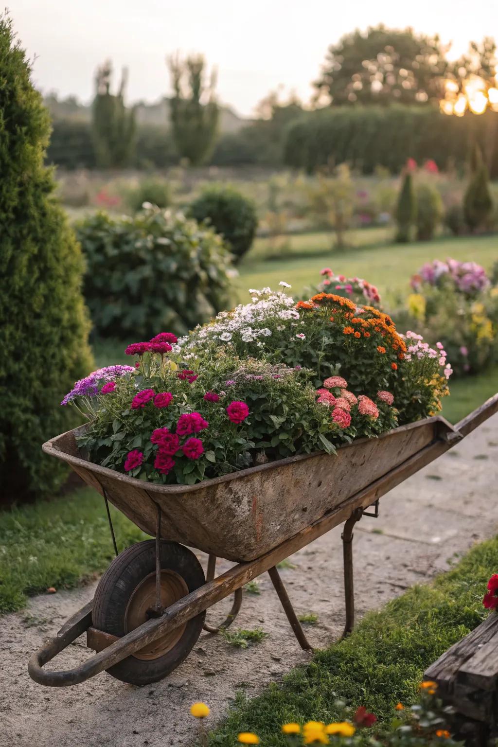 Add whimsy with a rustic wheelbarrow display.