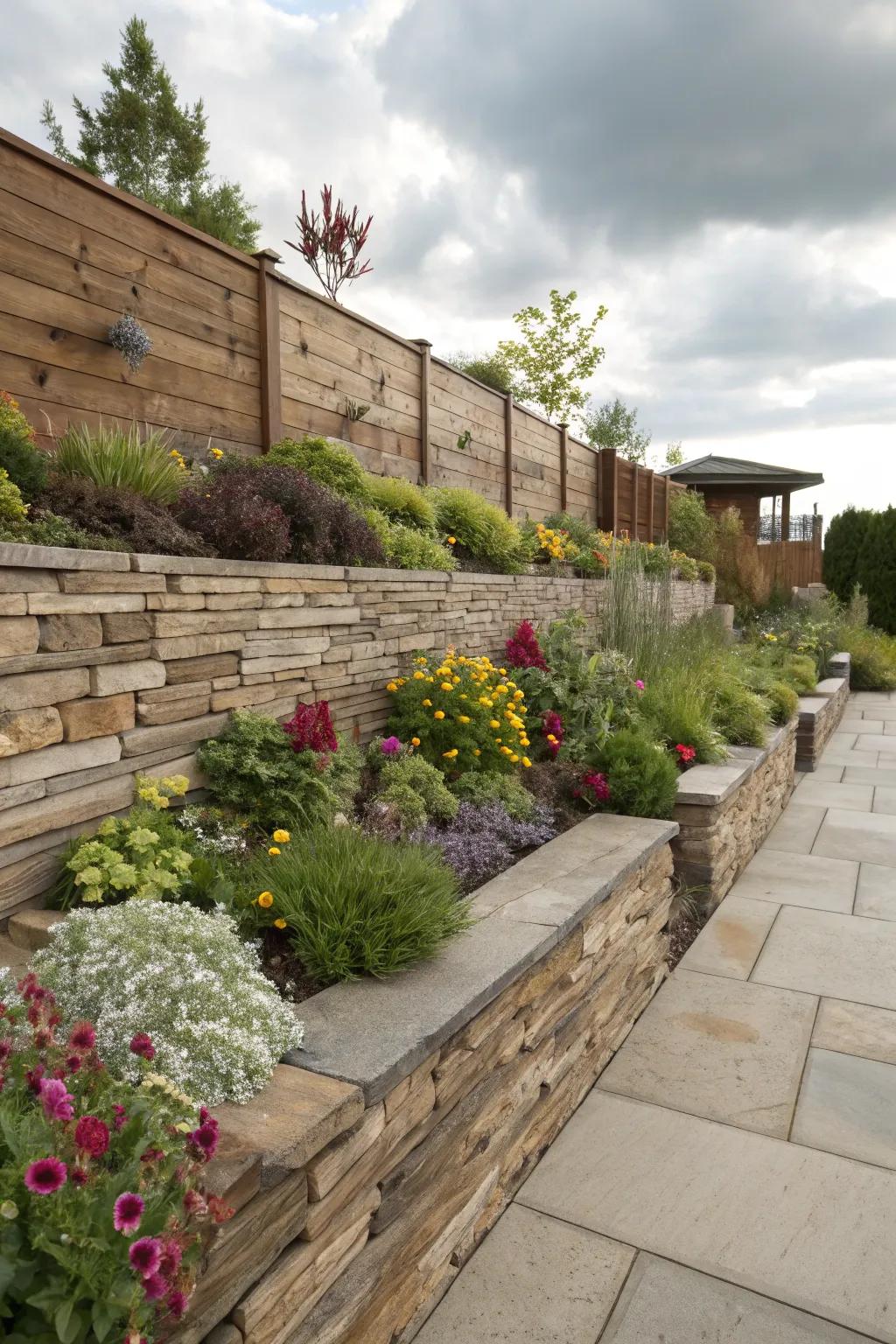 Mixed materials add texture and interest to flower bed walls.
