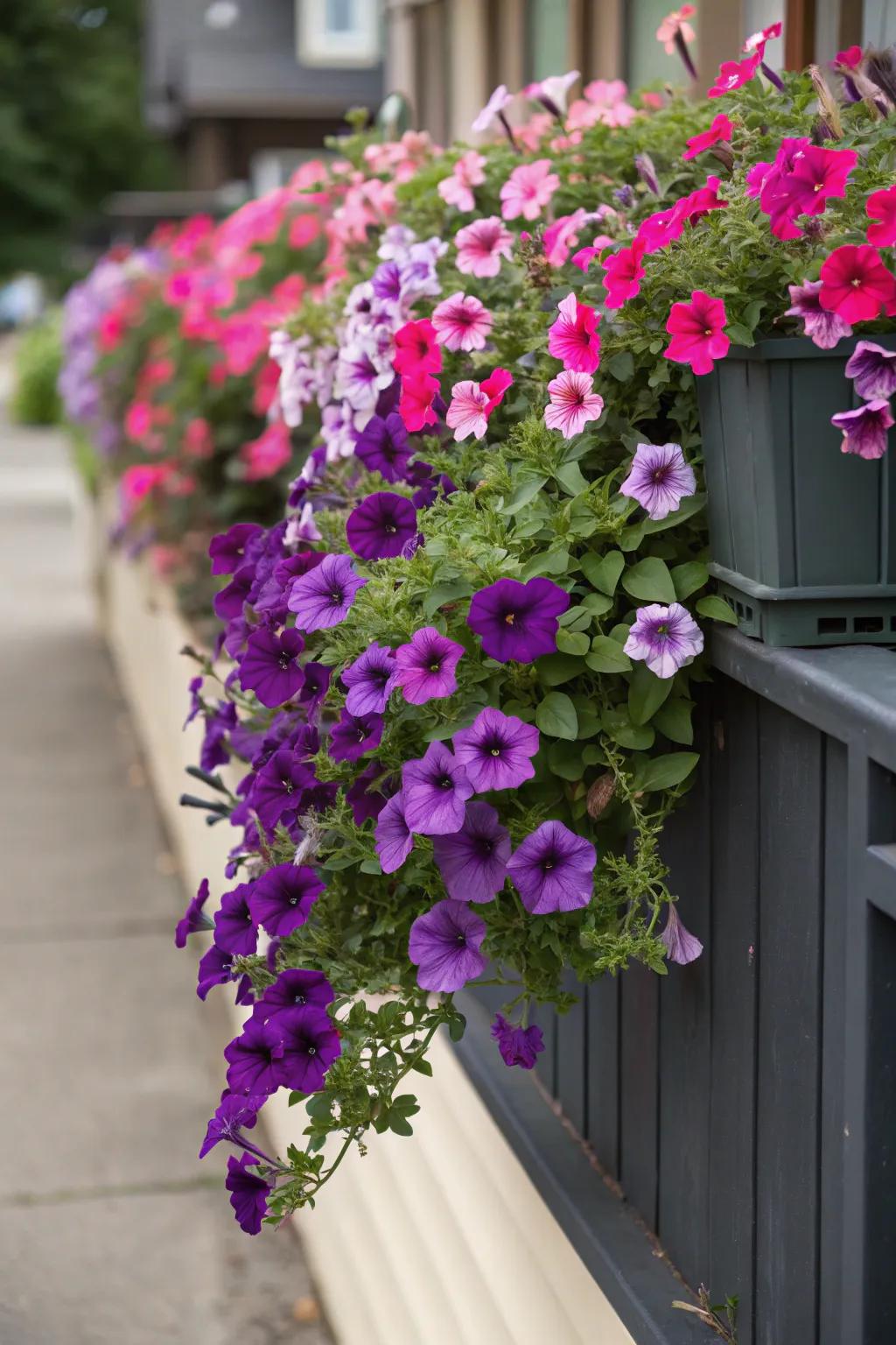 Cascading blooms add a sense of movement and abundance to flower boxes.