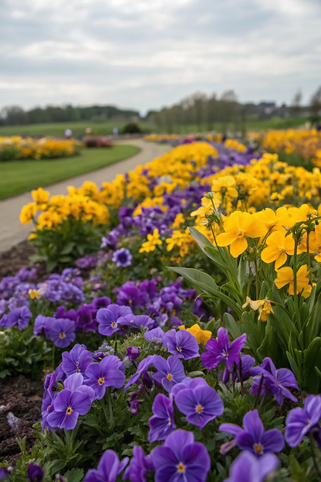 A garden with contrasting cool and warm tone flowers