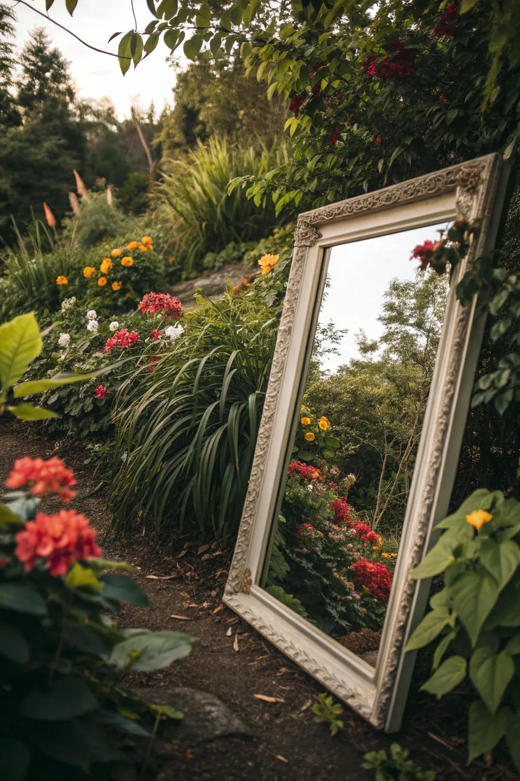Mirrors cleverly used to enhance garden depth.