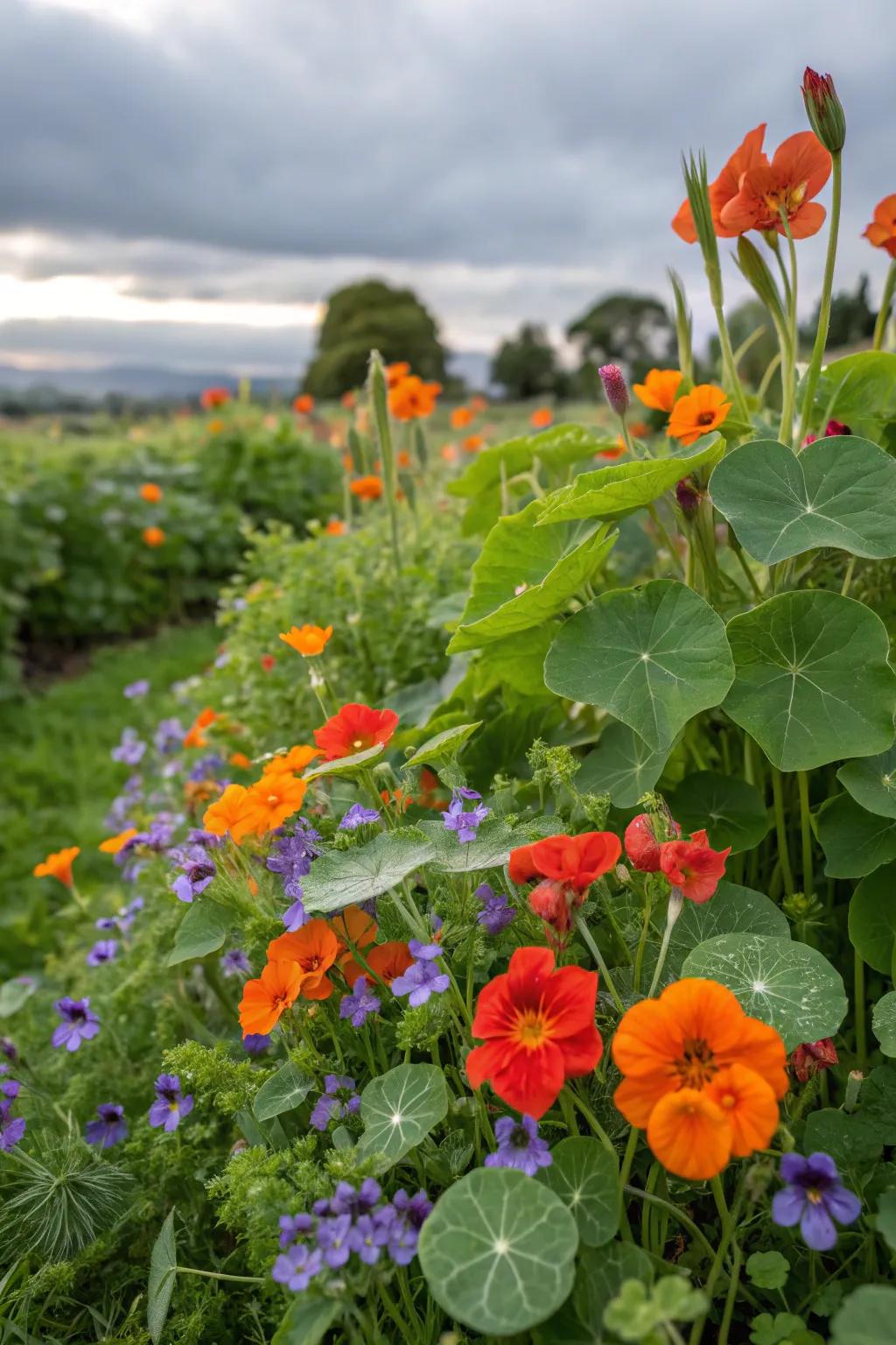 An edible flower garden with colorful nasturtiums and violets.