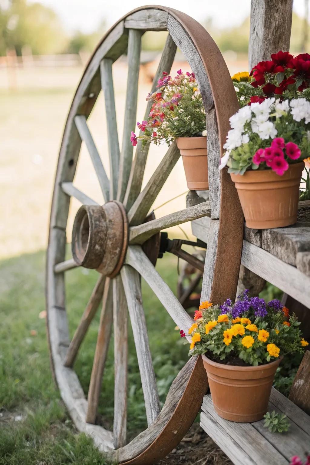 A country-chic wagon wheel planter stand.