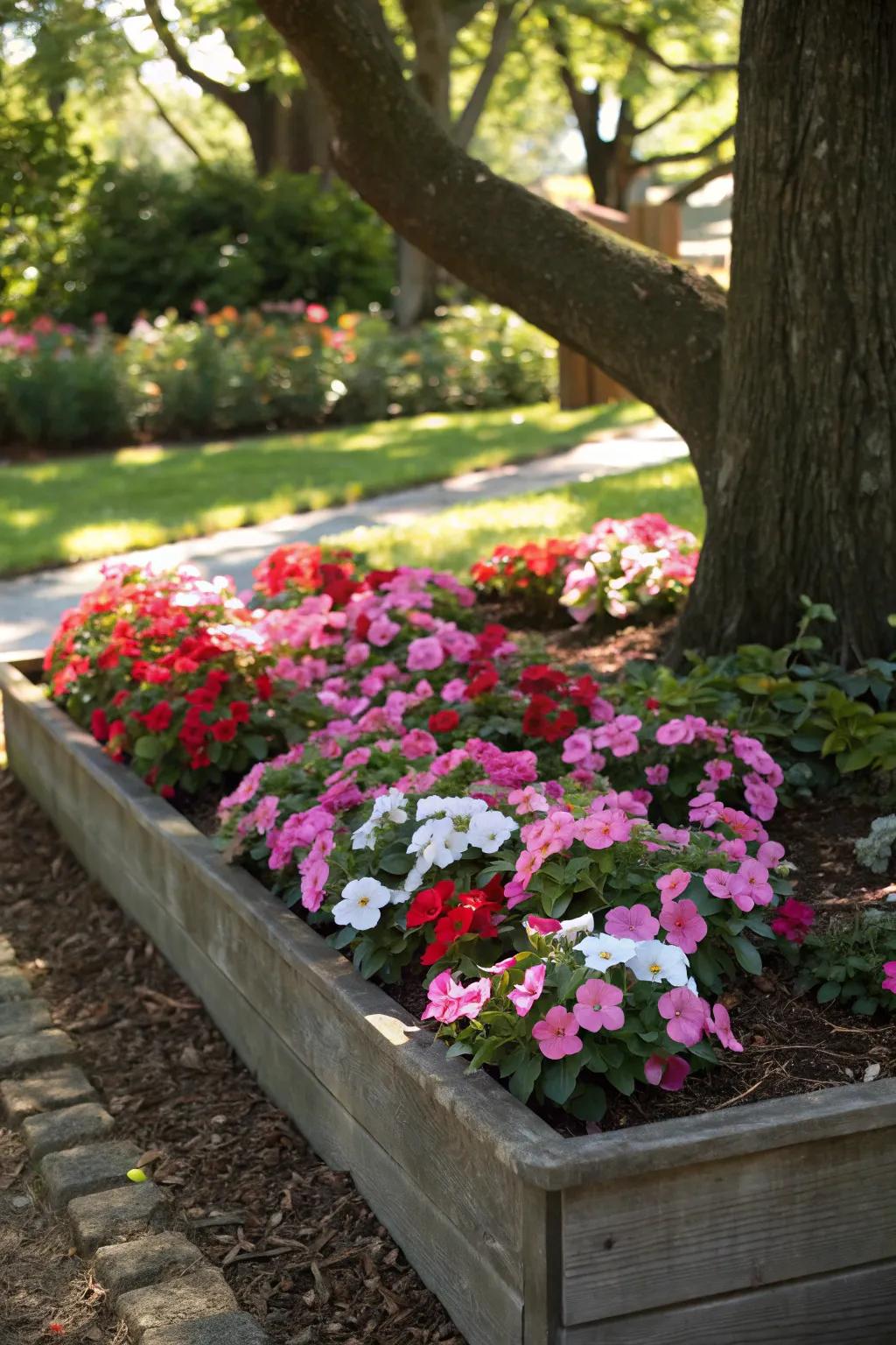 Impatients thrive in shade, adding vibrant color.