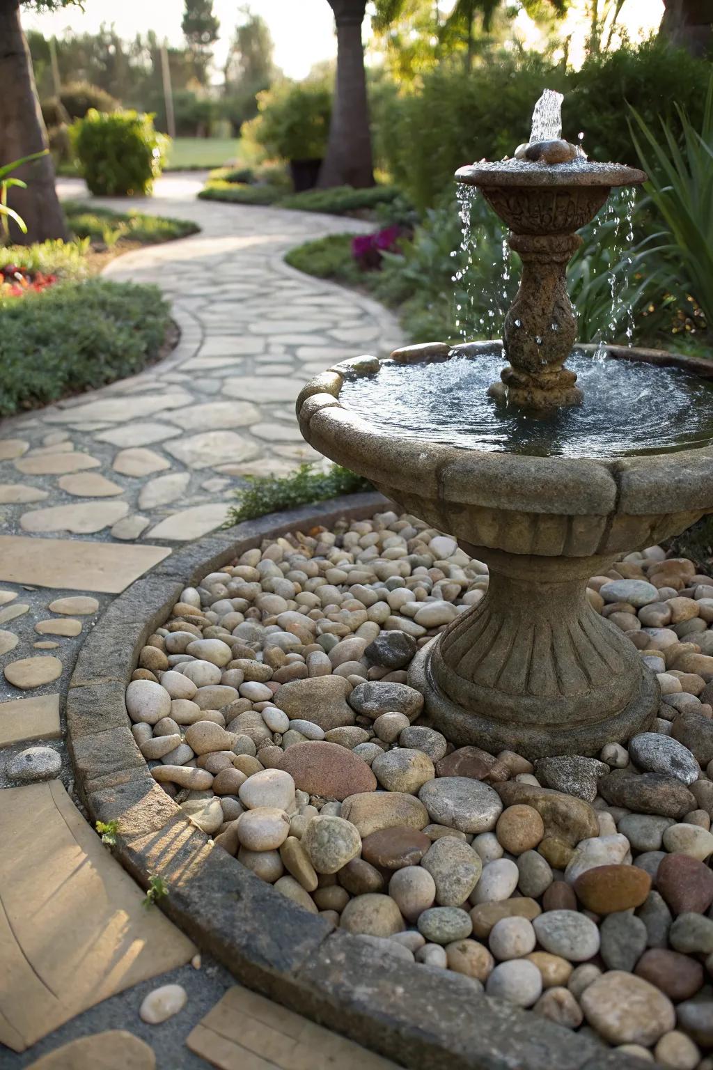 A pebble carpet adds texture and natural beauty to your fountain.