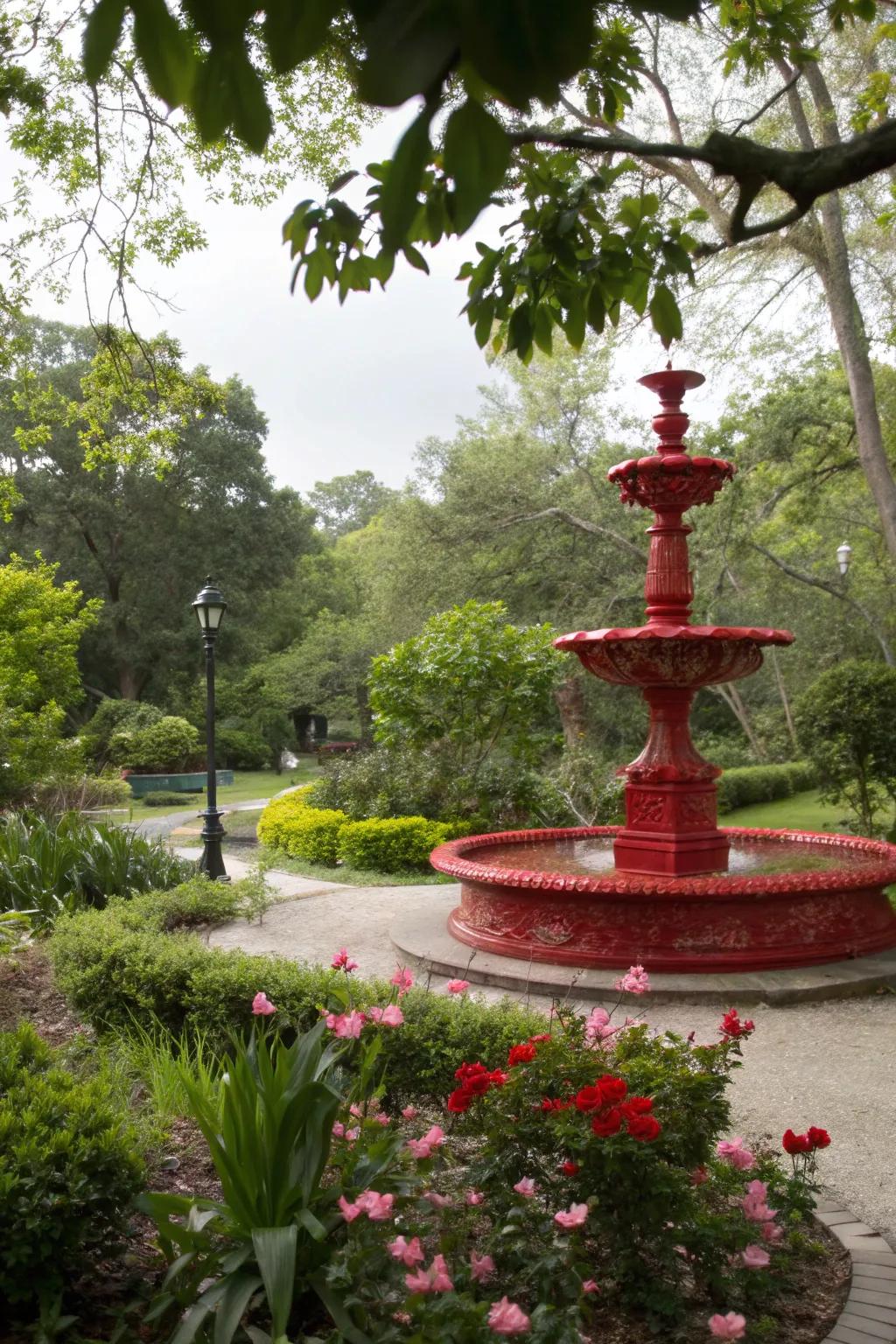 A bold red fountain serving as a striking garden centerpiece.