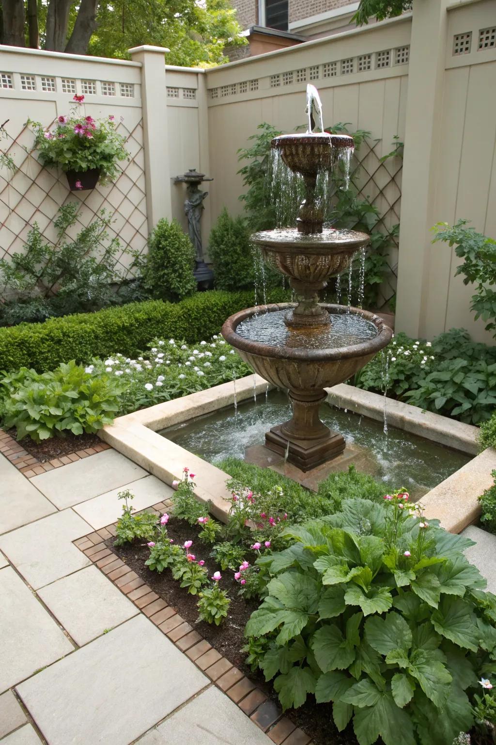 Vertical fountain in a small garden space.