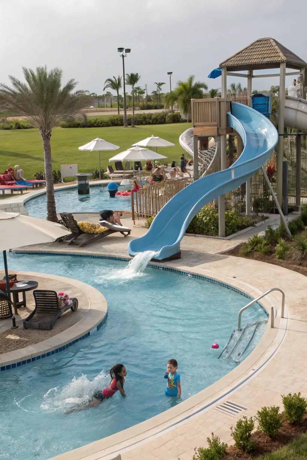 A playful slide feature adds excitement to this family-friendly freeform pool.