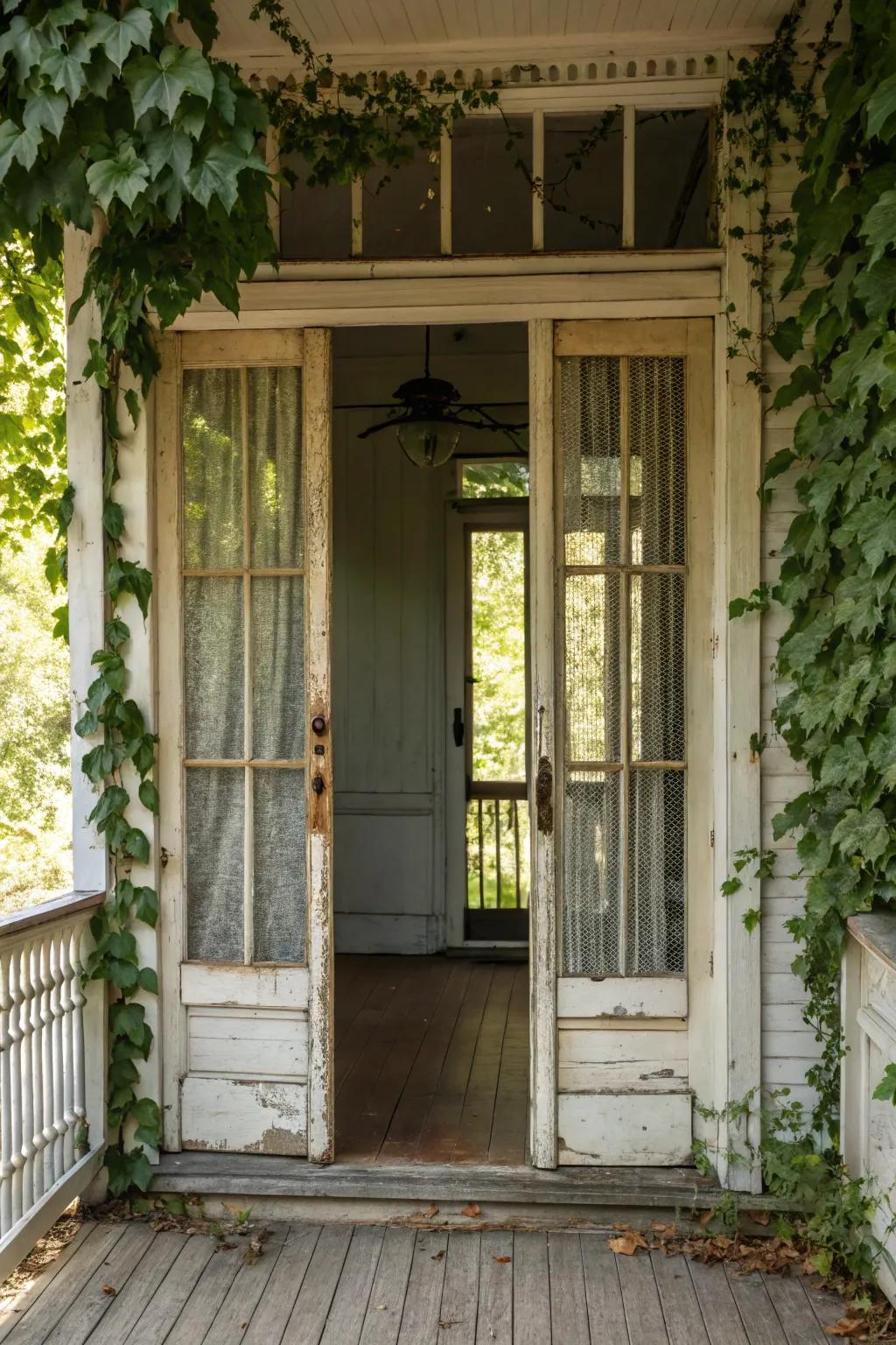 Vintage screens add nostalgic charm to French doors.