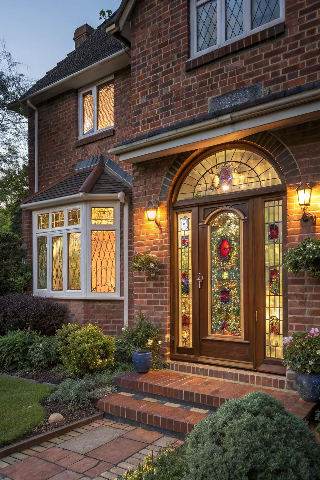 Stained glass panels offer a unique and artistic touch to a front door.