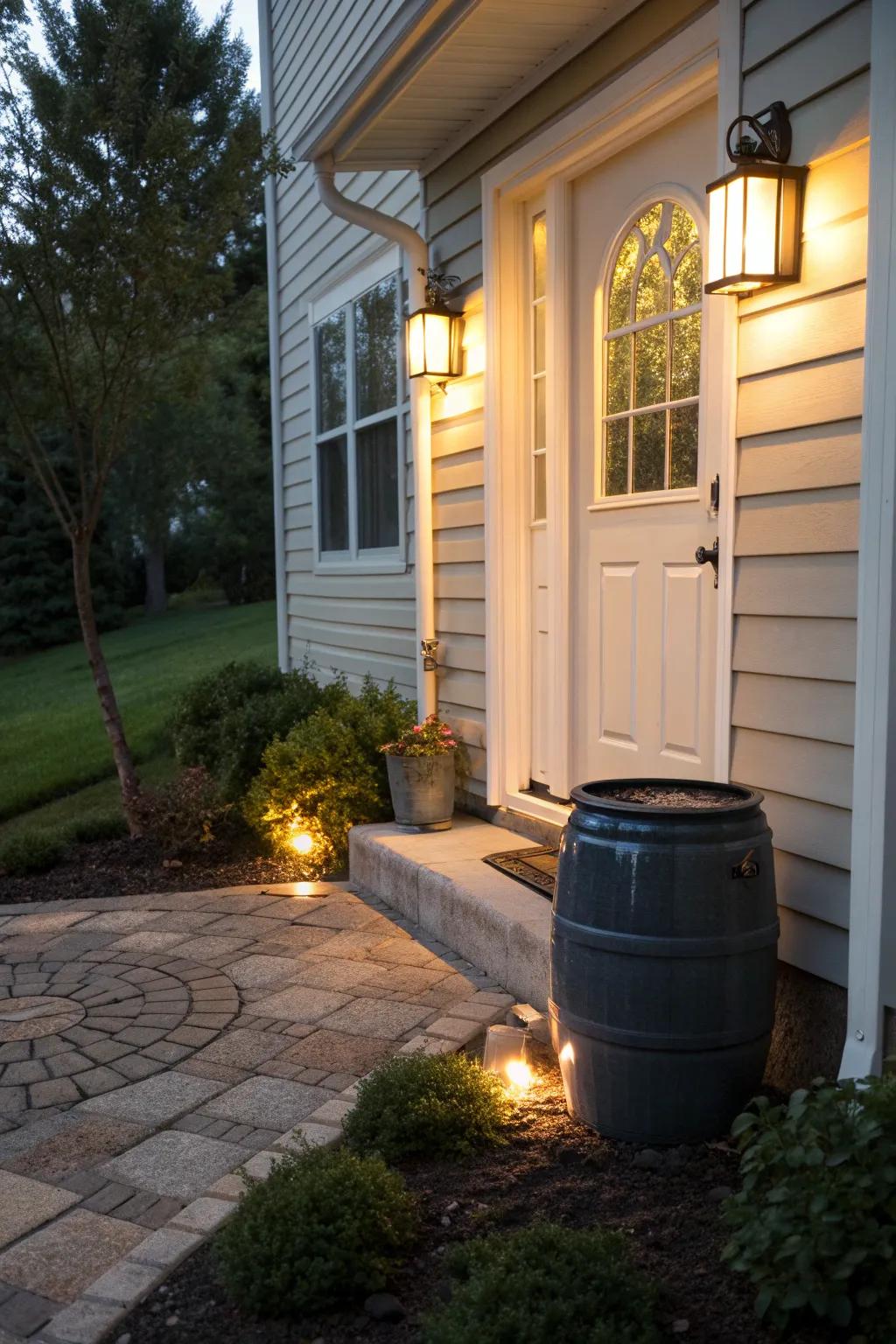An eco-friendly front door landing with solar lights and a rain barrel.