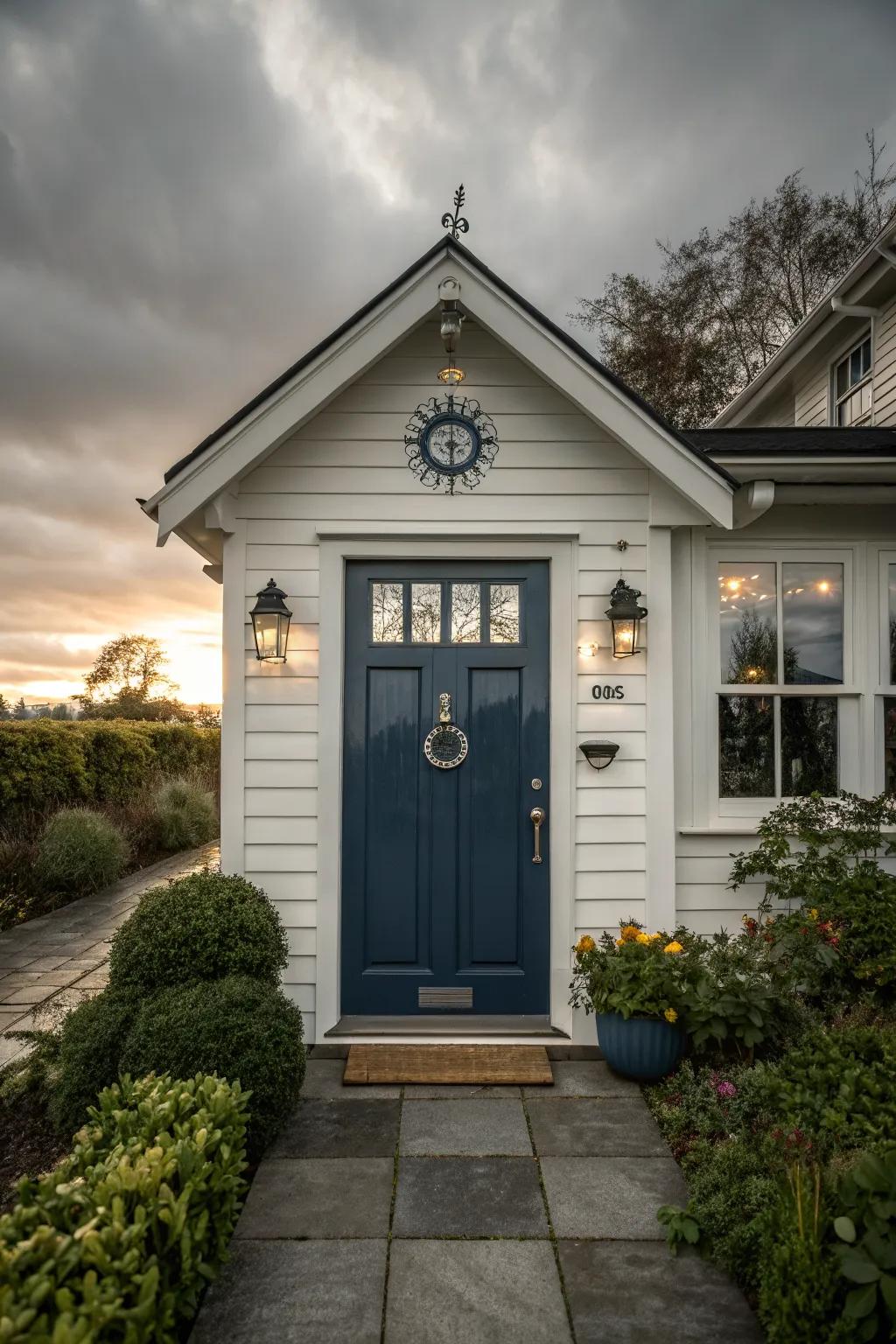 Dramatic navy blue front door with striking contrast.