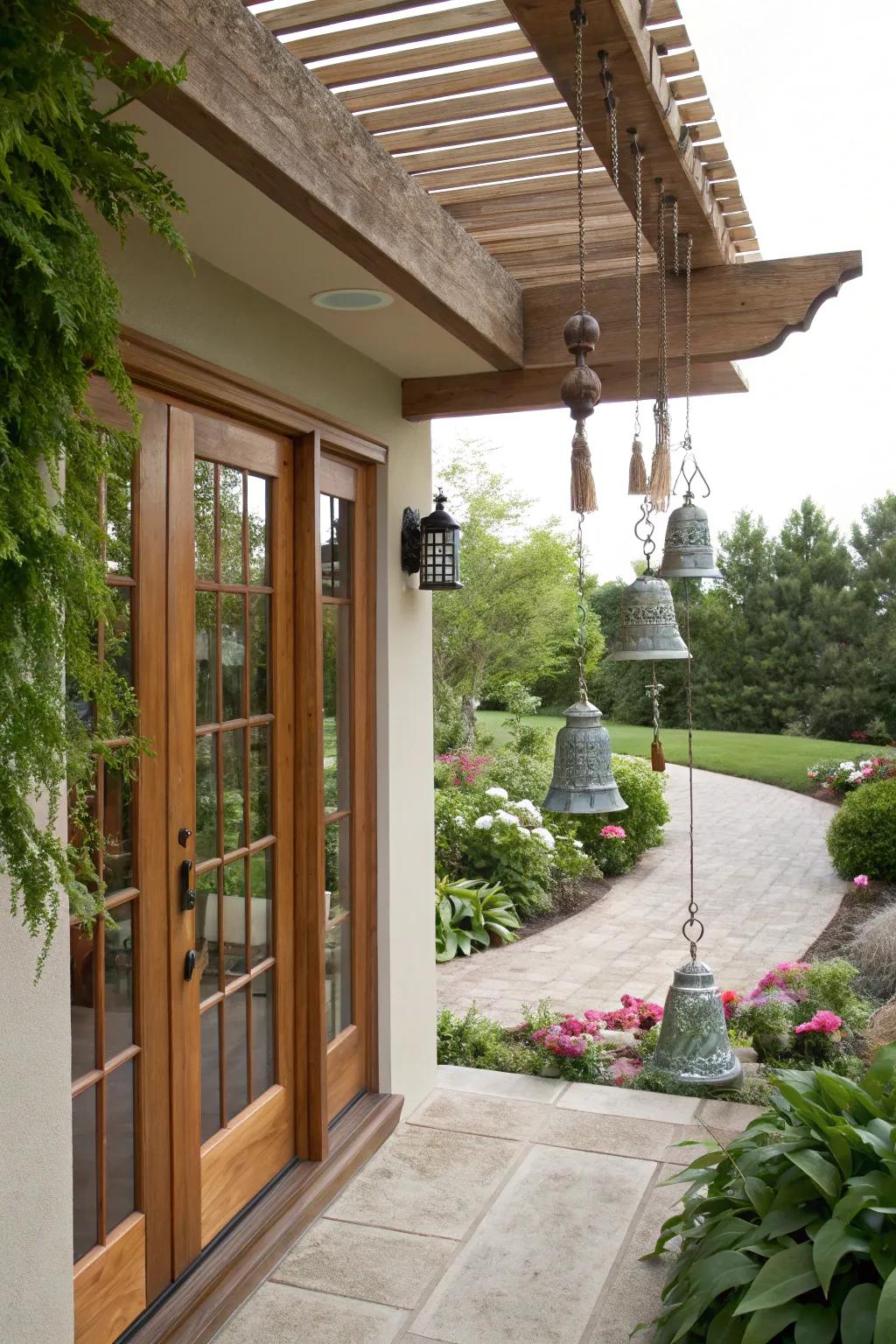 Wind chimes add a whimsical soundscape to the patio.
