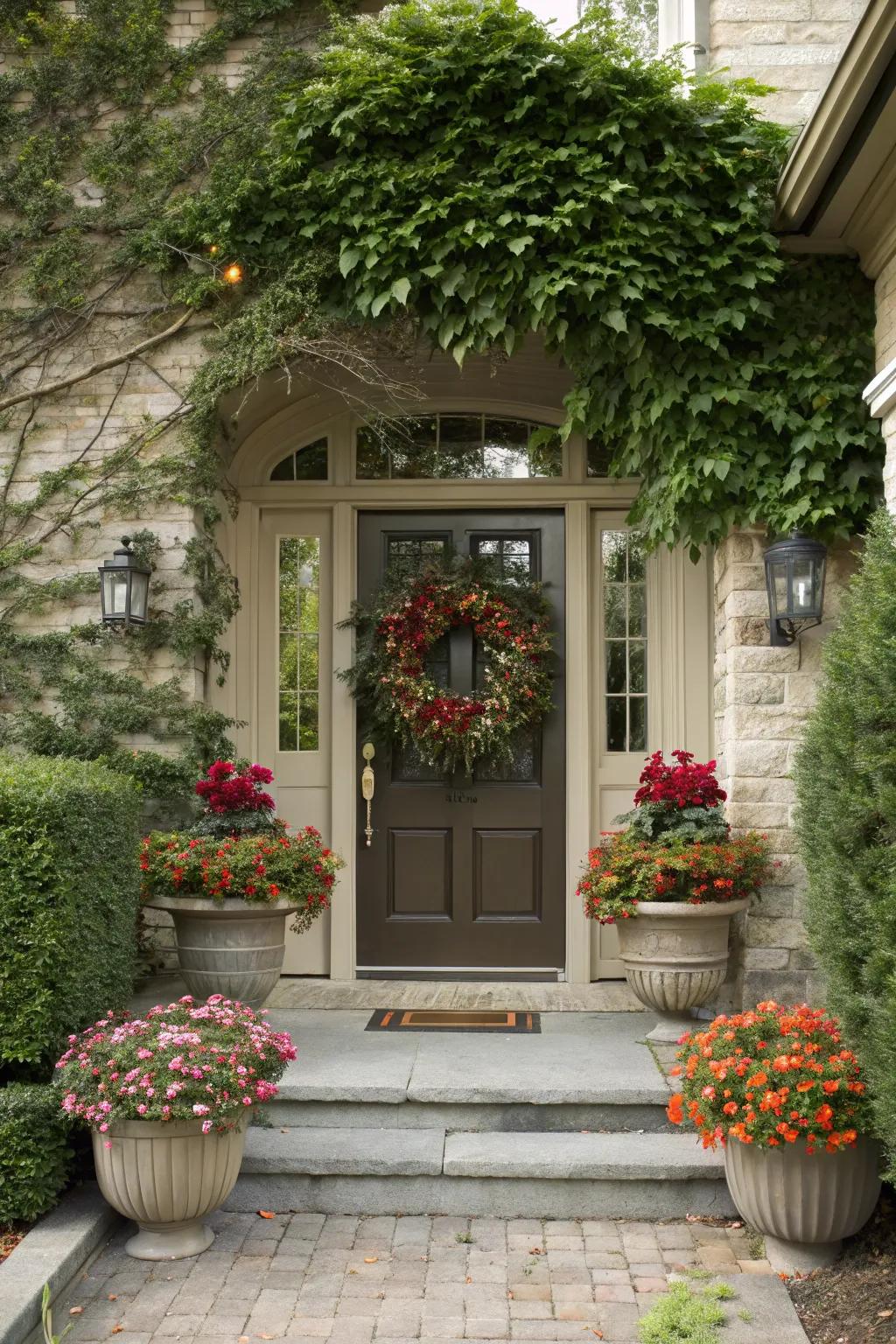 A seasonal wreath complements your planters beautifully.