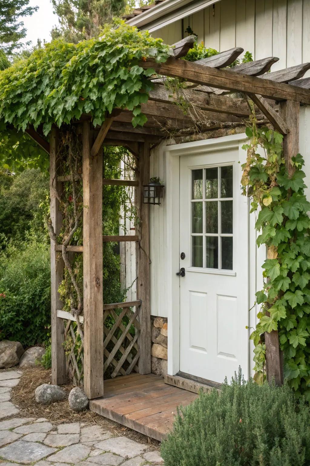 Rustic branch trellis for an organic, earthy entrance.