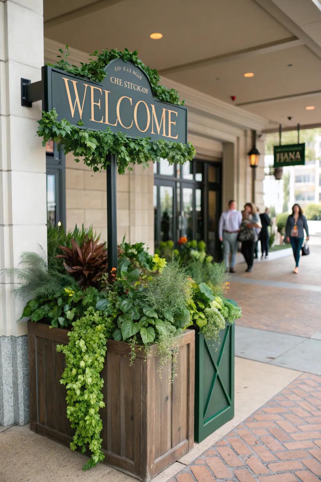 Built-in planters bring life and greenery to your welcome sign.