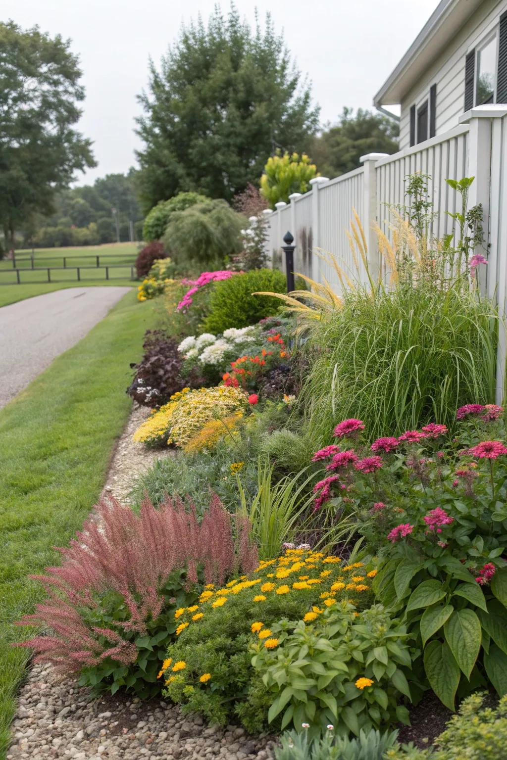 A layered flower bed adding depth and dimension to the front landscape.