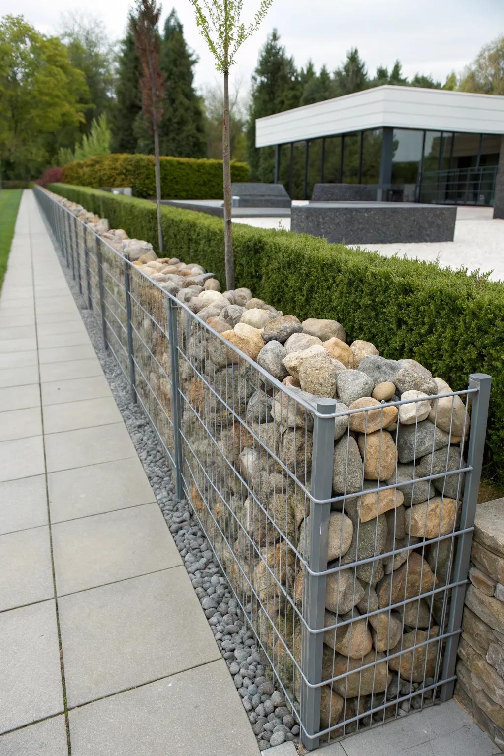 A gabion wall fence offers bold aesthetics and durability.