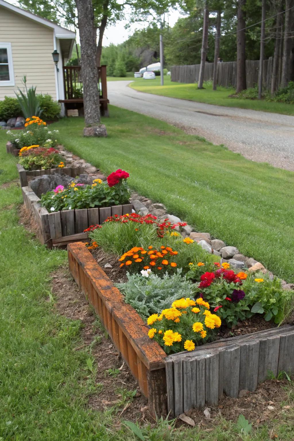 Repurposed materials add unique charm to flower bed edges.