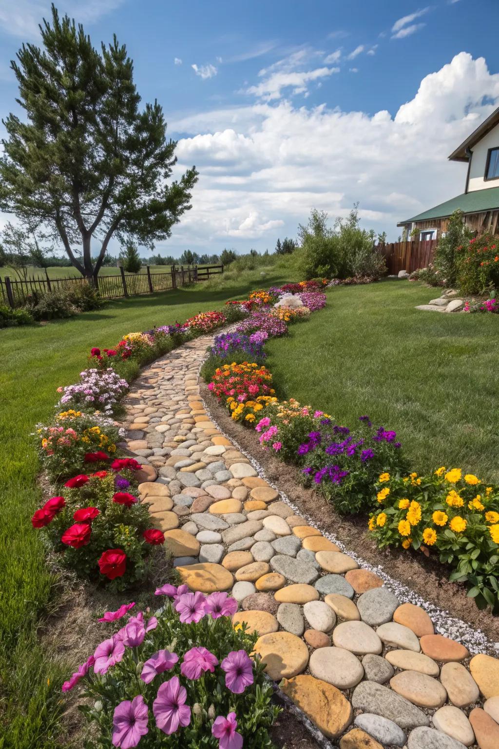 Vibrant pebbles create an eye-catching path through this flower bed.