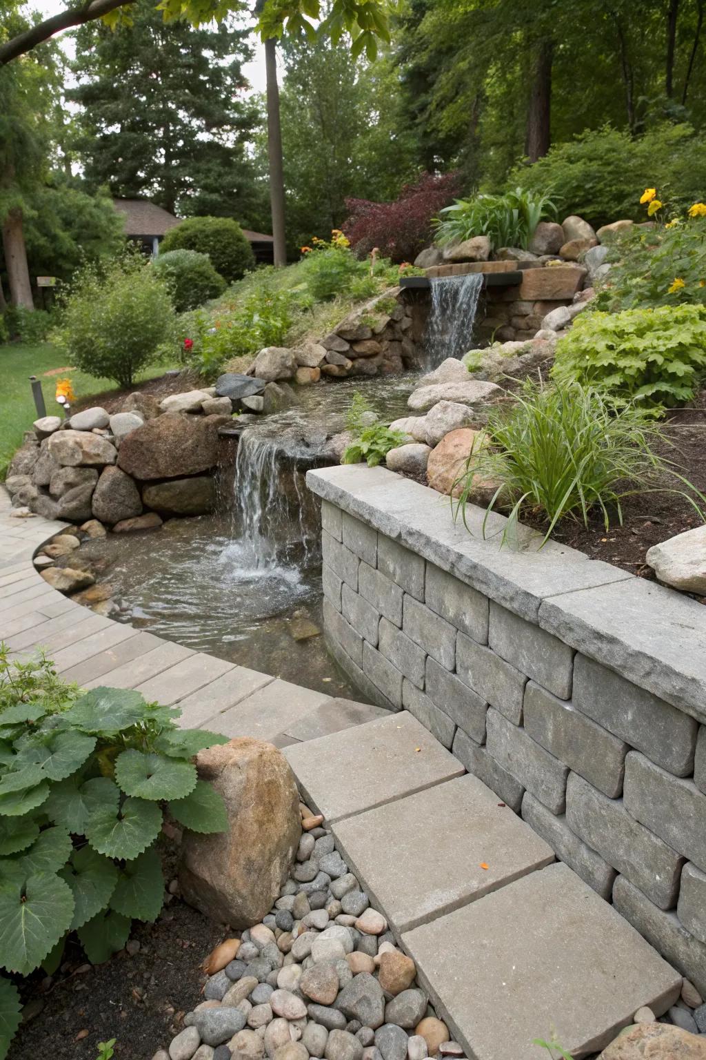 A water feature adds tranquility to the wall.