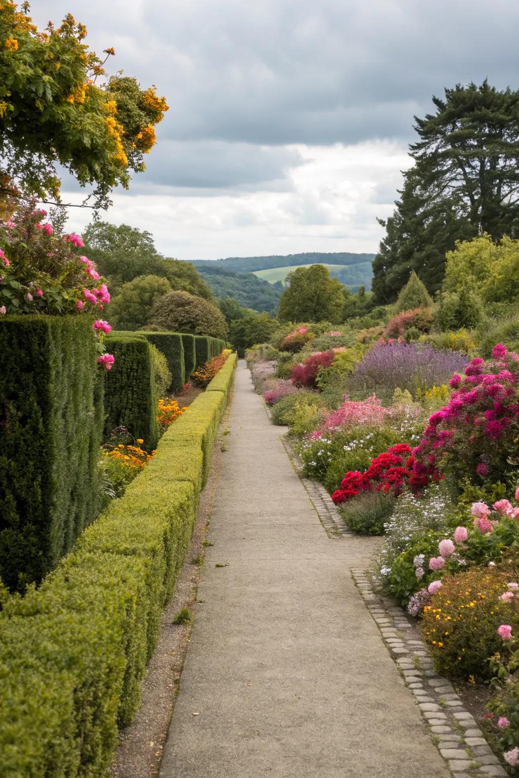 Pathway beautifully bordered by lush flowers and hedges.
